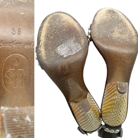 ASH Gold Studded Black Leather Ankle Cuff Heeled Strappy Sandals Size 38 | US 7 - Picture 15 of 16